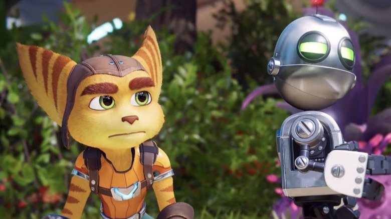 Ratchet and Clank stare up skeptically in Ratchet & Clank: Rift Apart