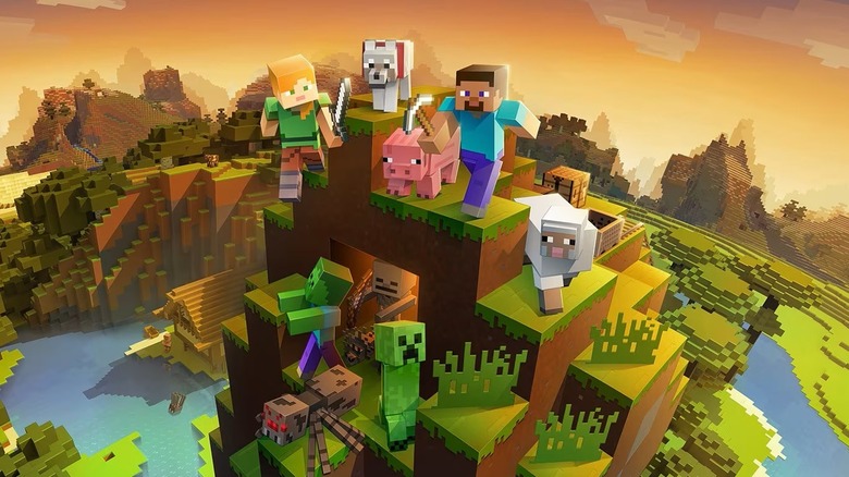 Steve, Alex, and various animals and creatures from Minecraft