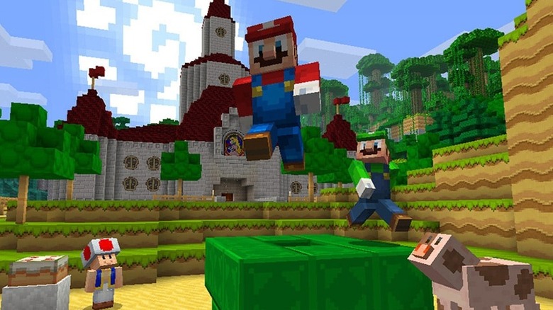 Mario, Luigi, and Toad in front of Peach's Castle in Minecraft
