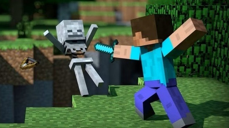 Steve stabbing a skeleton in Minecraft