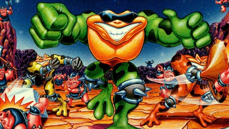 Battletoads fighting pigs on the cover art for Battletoads