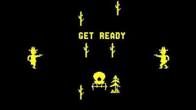 Two cowboys face each other in a forest with guns drawn in Gun Fight