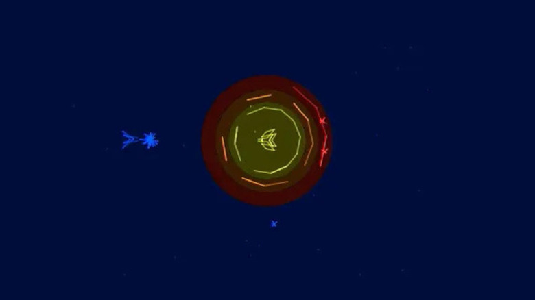 A spaceship shoots at a shielded enemy core in Star Castle