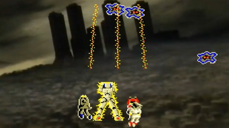 A robot blasts energy upwards with a burning sun in the background in Bega's Battle