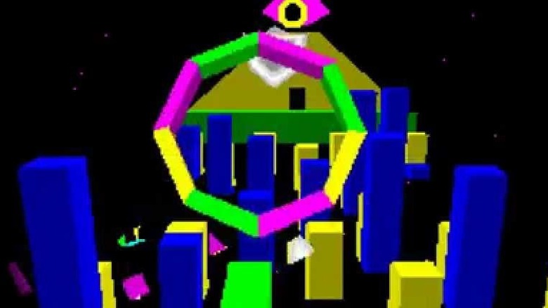 Big Brother looks over blue and yellow structures in "I, Robot" (1984)