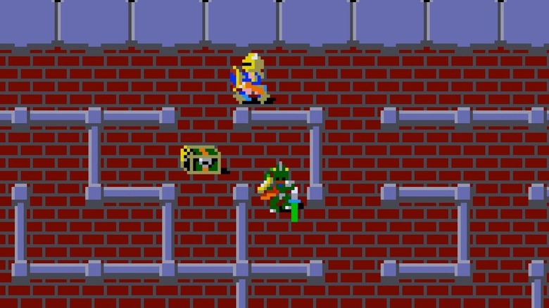 Gilgamesh walks above a treasure chest and green knight in The Tower of Druaga