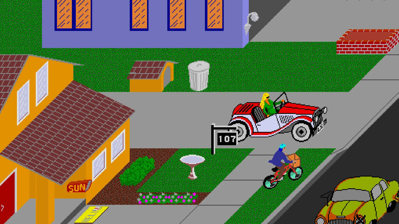 The paperboy approaches a roadster leaving the driveway in "Paperboy"