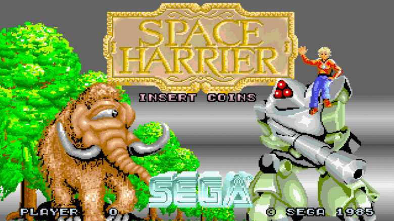 A one-eyed wooly mammoth eyes Harrier on a gun-toting robot on the title screen for "Space Harrier"