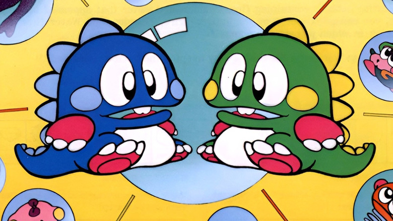Bub and Bob smile between bubbles on an arcade flyer for Bubble Bobble