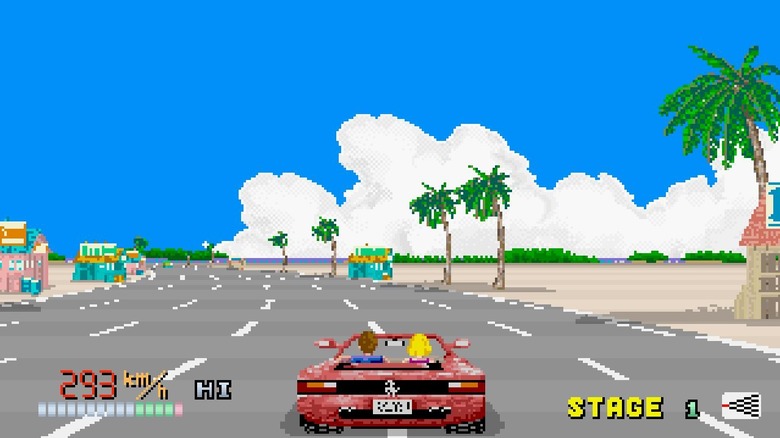 A red convertible drives along a beach in Out Run