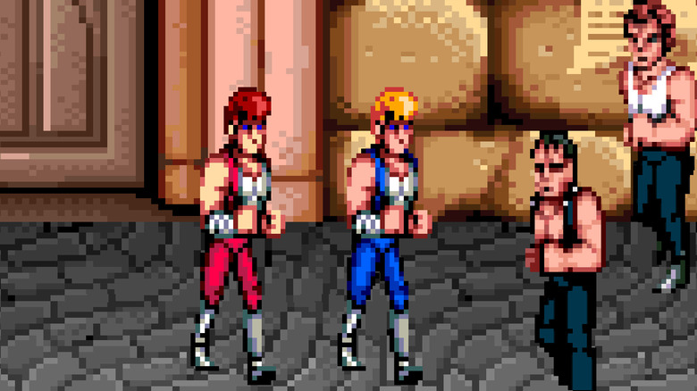 Billy and Jimmy Lee approach gang members in Double Dragon