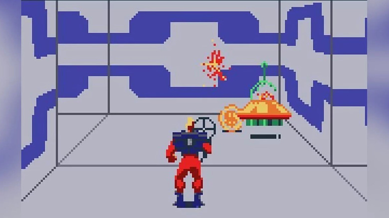 Rock Hardy shoots at a floating robot in "Xybots" (1987)