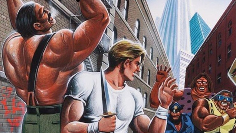 Cody and Mike face a group of enemies in promotional artwork for Final Fight