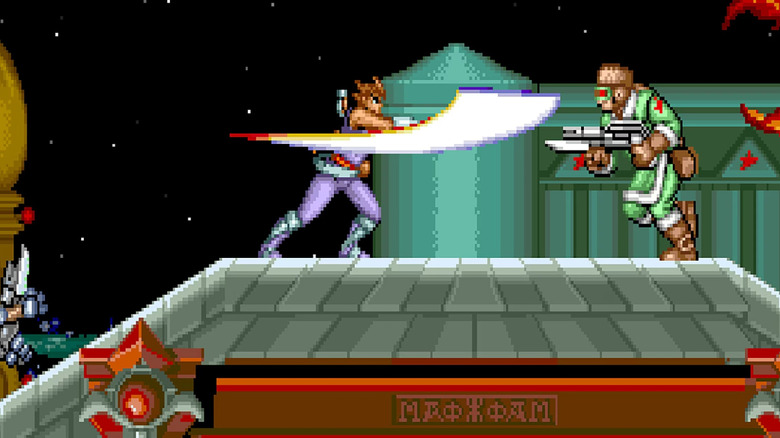 Strider Hiryu slashes at a charging soldier in Strider
