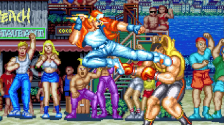 Terry Bogard hits Michael Max with a jump kick in Fatal Fury: King of Fighters