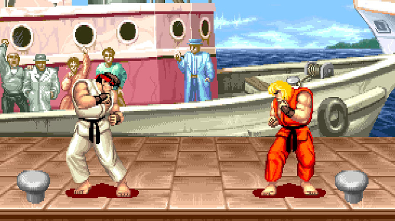 Ryu and Ken face each other on a dock in Street Fighter II: The World Warrior