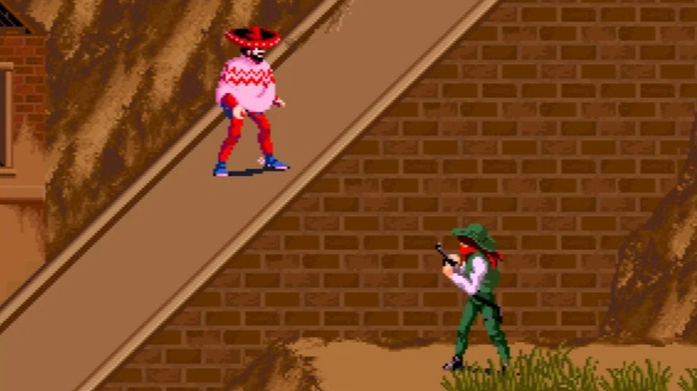 A gunfighter in a pink poncho walks up a ramp as a bandit approaches him with a gun in Sunset Riders