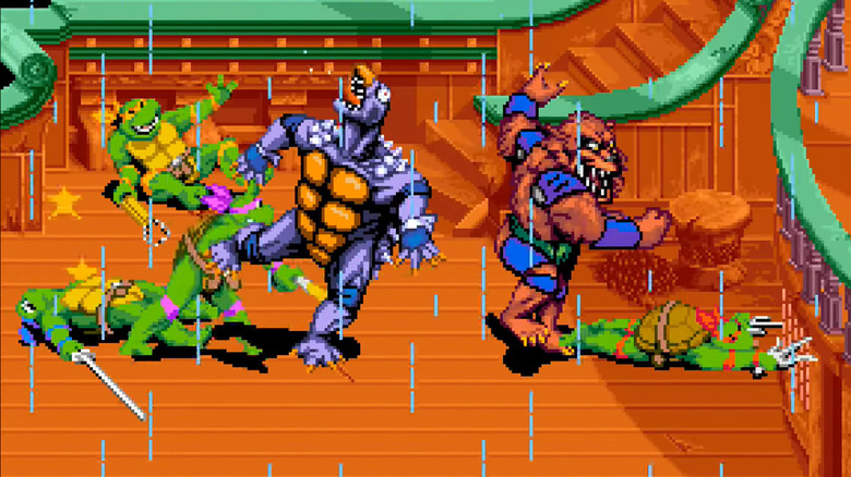 The Teenage Mutant Ninja Turtles fight Tokka and Rahzar on a pirate ship in Teenage Mutant Ninja Turtles: Turtles in Time