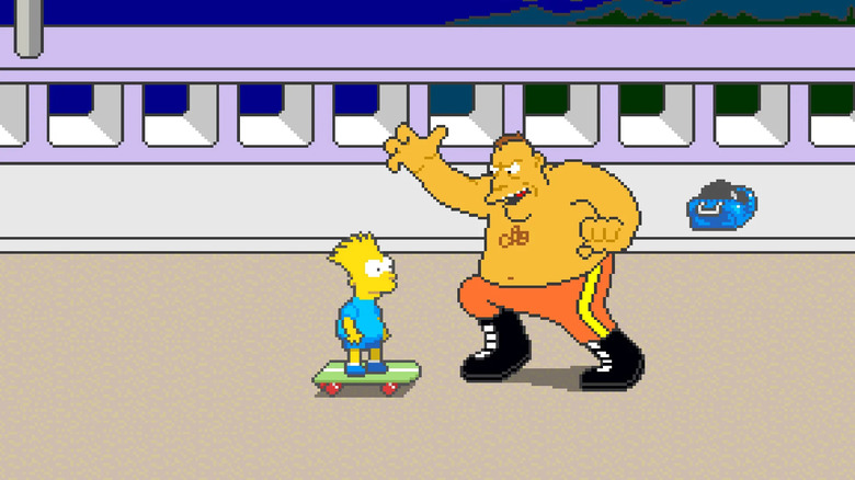 Bart Simpson rides a skateboard by a burly topless man in The Simpsons