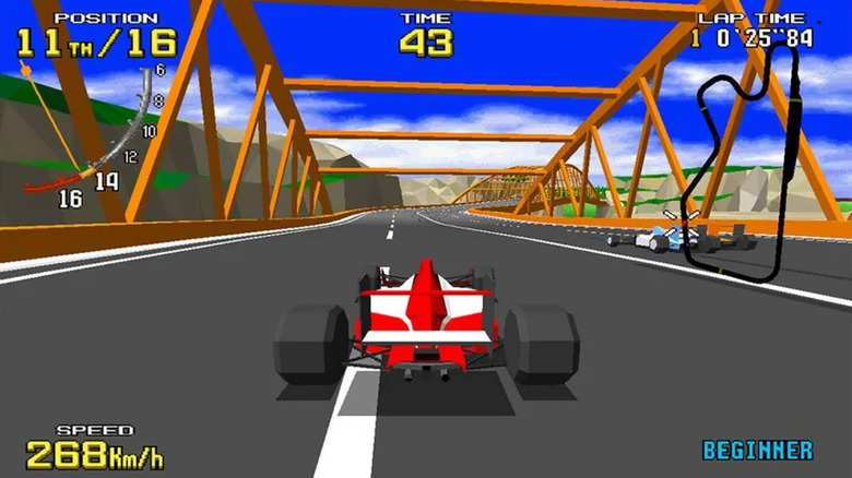 A red race car drives across a bridge in Virtua Racing
