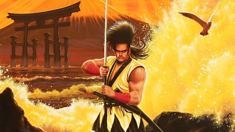 Haohmaru holds his katana in front of a crashing wave in promotional artwork for Samurai Shodown (1993)
