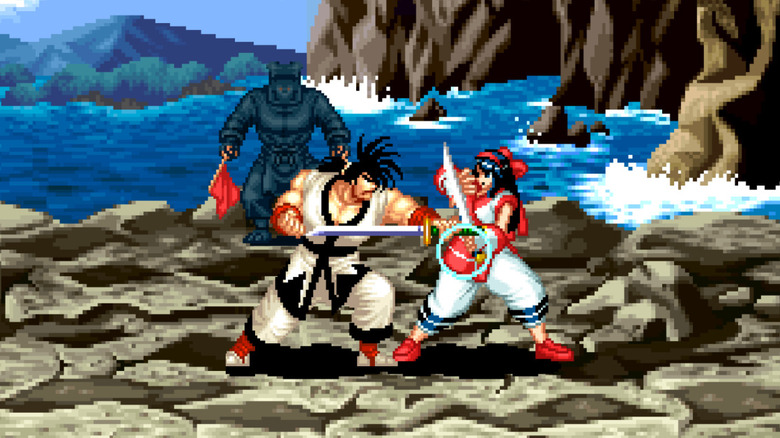 Haohmaru duels Nakoruru on a cliff in Samurai Shodown (1993)