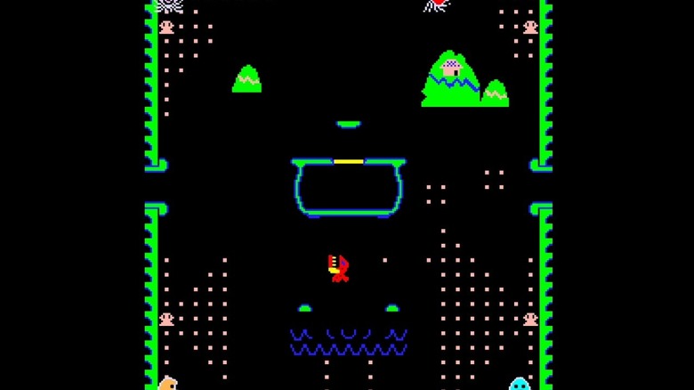 A red piranha swims around a level full of dots in "Piranha" (1981)