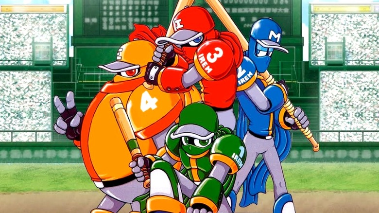 Ninja Baseball Bat Man and his companions posing together on the arcade flyer