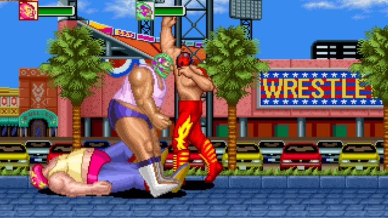 El Plancha strikes two wrestlers on a sidewalk in Knuckle Bash