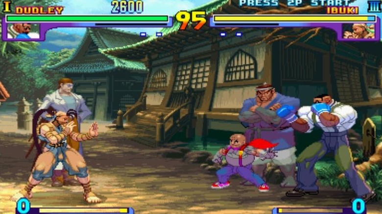 Ibuki fights Dudley in a Japanese village in Street Fighter III: New Generation