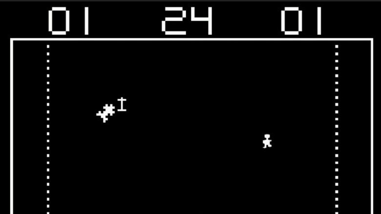 A car drives up with a pedestrian on the other side of the screen in Death Race (1976)