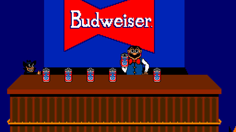 The bartender holds up a can of Budweiser as a thief tries to steal a drink in Tapper
