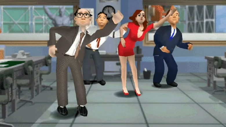 Taneo dances with his co-workers in an office in Incredible Crisis