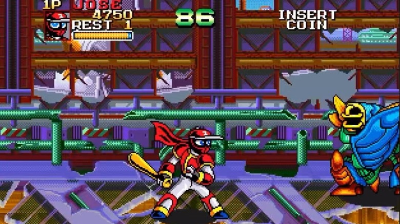 Jose confronts an umpire-themed enemy in Ninja Baseball Bat Man
