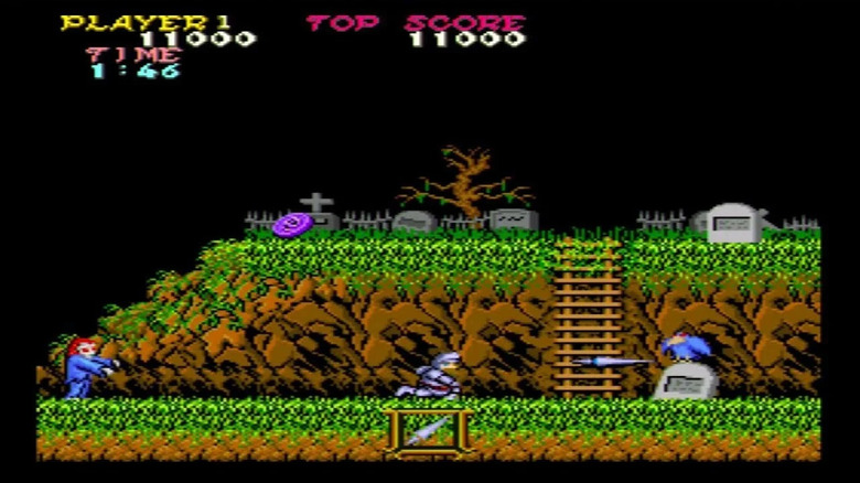 Arthur flings a lance at a crow as a zombie walks behind him in Ghosts 'n Goblins