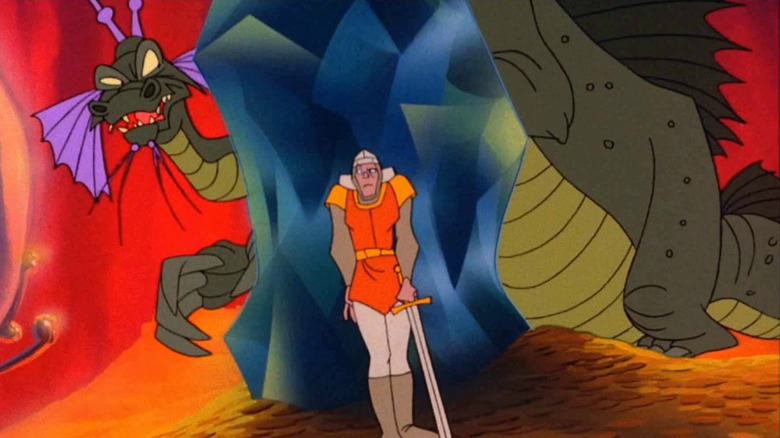 Dirk the Daring hides from a dragon behind a large crystal in Dragon's Lair