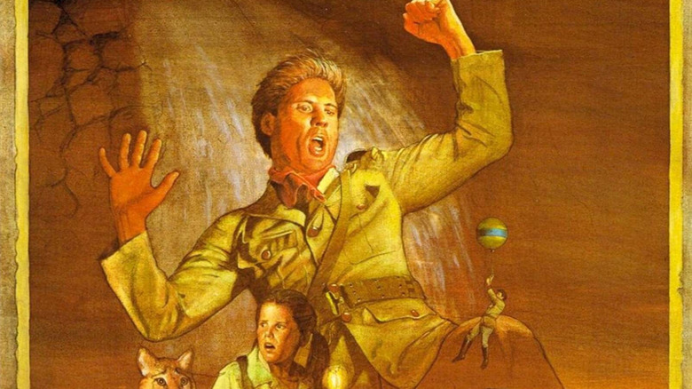 Pitfall Harry falls down a waterfall in promotional artwork for Pitfall II: Lost Caverns