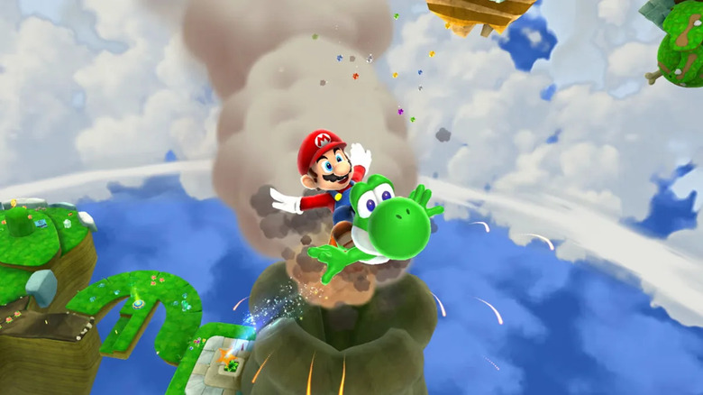 Mario and Yoshi soar over a volcano in Super Mario Galaxy 2