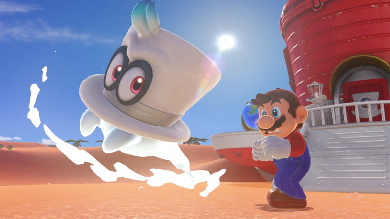 Mario stares at a ghostly Cappy in Super Mario Odyssey