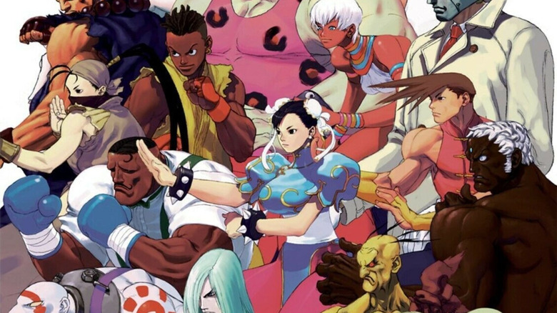 Chun-Li is surrounded by Dudley, Ibuki, Akuma, Sean, Elena, Q, Yun, Urien, Oro, Remy, and Necro on promotional artwork for Street Fighter III: 3rd Strike