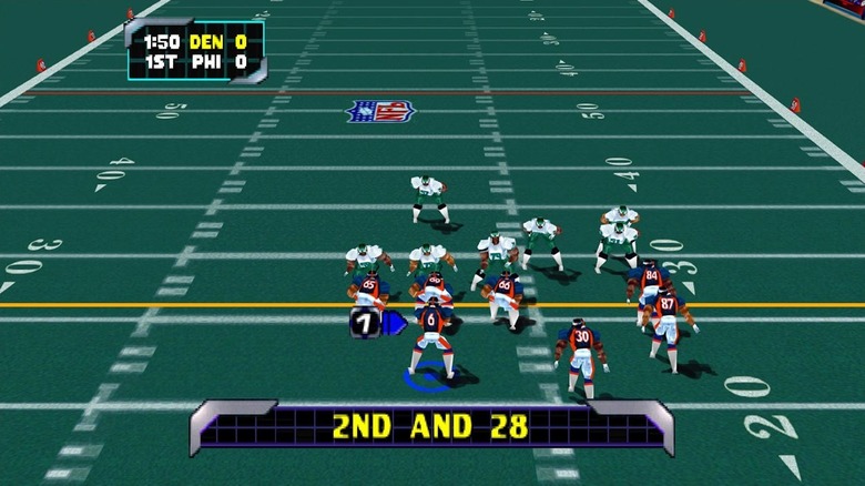 The Denver Broncos prepare to drive past the Philadelphia Eagles in NFL Blitz 2000
