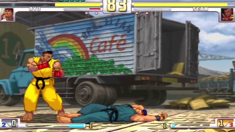 Sean stands over a defeated Ryu in Street Fighter III: 3rd Strike