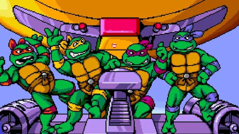 The Teenage Mutant Ninja Turtles triumphantly pose riding a robot in Teenage Mutant Ninja Turtles: Turtles in Time