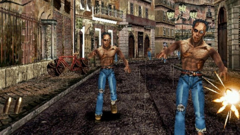 Zombies advance on the player as they fire in The House of the Dead 2