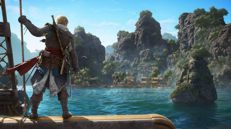Edward Kenway surveys a Caribbean port while approaching from his ship in Assassin's Creed Black Flag Resynced