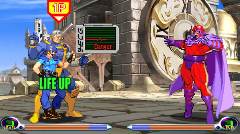 Jill Valentine boosts Cable's health as he faces Magneto in Marvel vs. Capcom 2: New Age of Heroes