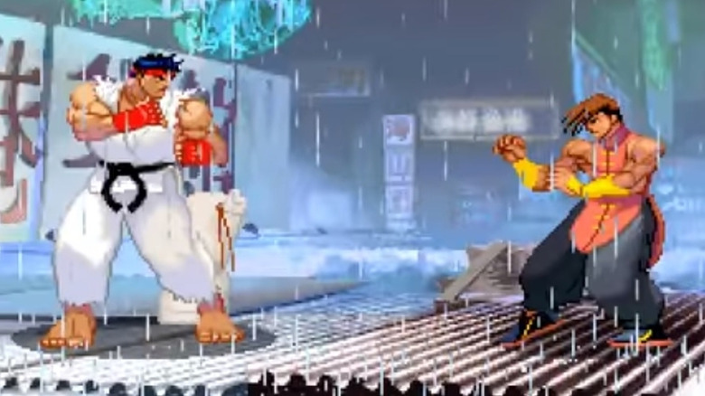 Ryu faces Yang in the pouring rain in Street Fighter III: Third Strike