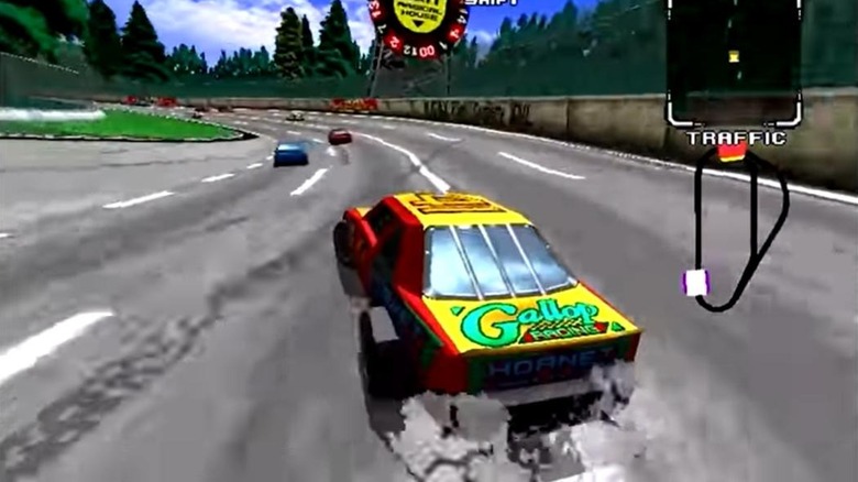 A race car rounds a turn in Daytona USA