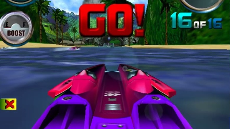 A pink and purple speedboat leaves the starting line in Hydro Thunder