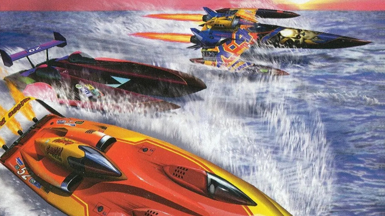 Three speedboats race closely together on the cover art for Hydro Thunder